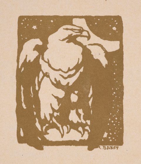 Page of a journal. In this print, an eagle looks to our right with a slitted eye against a starry night sky with a crescent moon. The forms are made with wide, bold, brown lines against the faded cream of the page. 