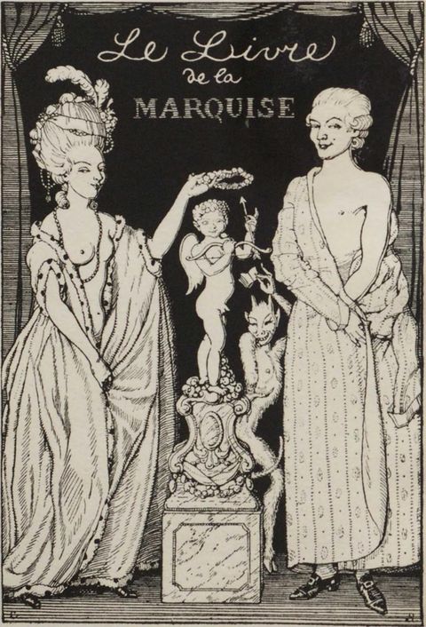 illustration. A man and woman, both wearing wigs, stand to either side of a statue of a winged Cupid. Both people smile with slitted eyes under cocked eyebrows, and their robes fall to reveal the bare chests. A demon also smiles and looks at us from behind the statue. Cursive script above reads “Le Livre de la Marquise”. 